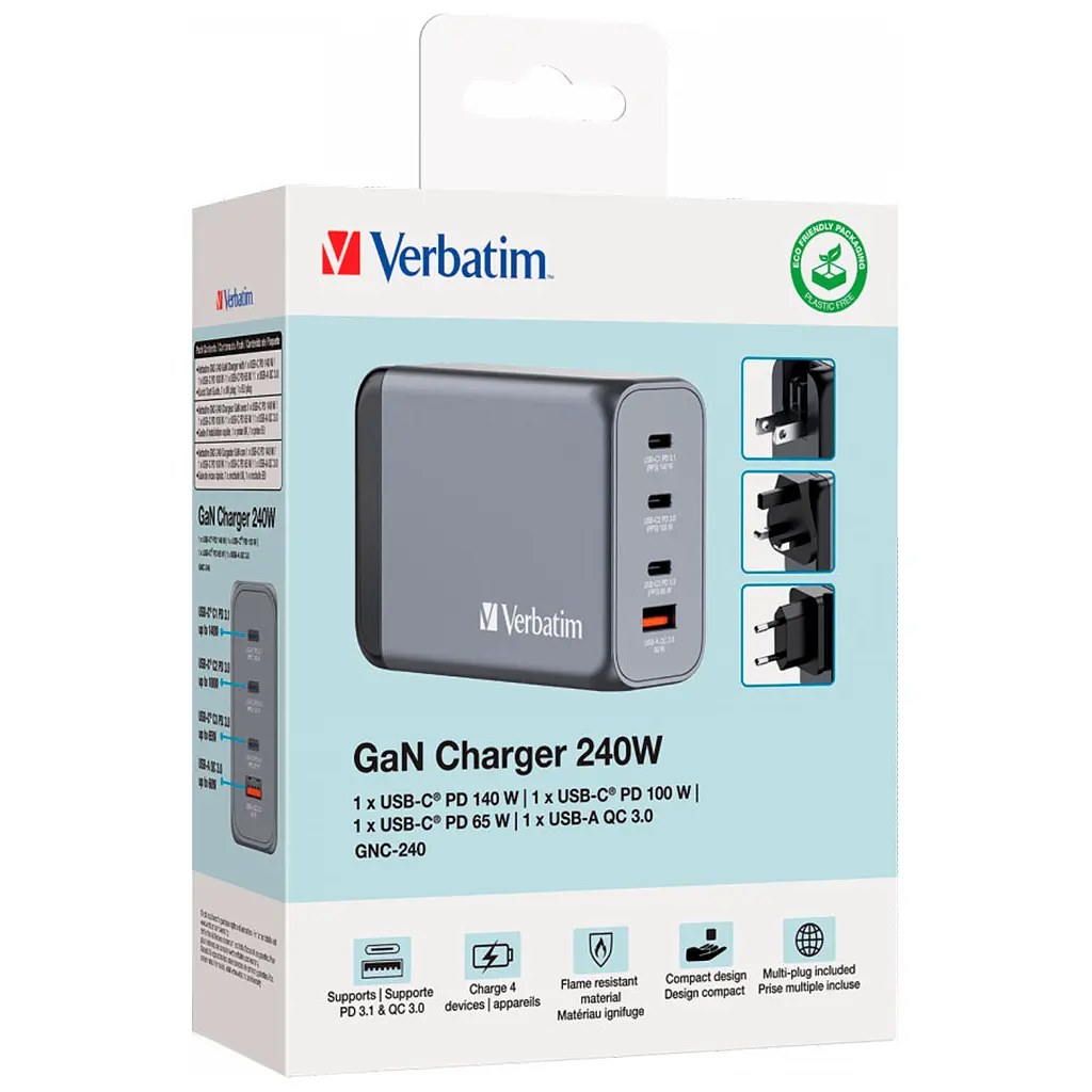Зарядний пристрій Verbatim GaN 240 W 4 ports (USB-C-140 W,USB-C-100 W,USB-C-65 W /USB-A -3.0) (32205) - фото 4
