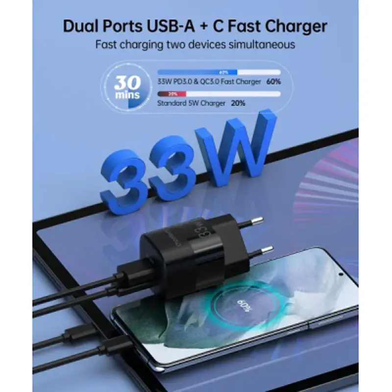 Зарядний пристрій Choetech GaN USB-A/USB-C 33W QC3.0/PD/PPS (PD5006-EU-BK) - фото 3