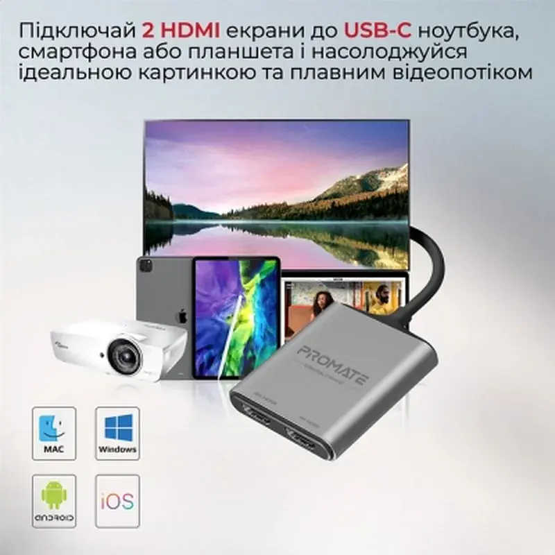 Перехідник USB-C to 2xHDMI 4K Promate (medialink-h2.grey) - фото 5