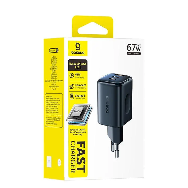 Адаптер мережевий BASEUS PicoGo AE11 Fast Charger 1USB/2Type-C, 67W/3A, PD/QC - фото 2