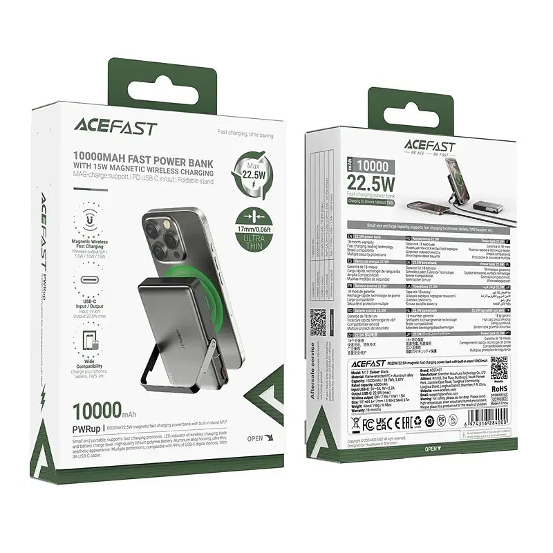 Зовнішній акумулятор Acefast M17 PD20W/22.5W magnetic fast charging power bank with built-in stand 10000mAh Black (6974316284000) - фото 2