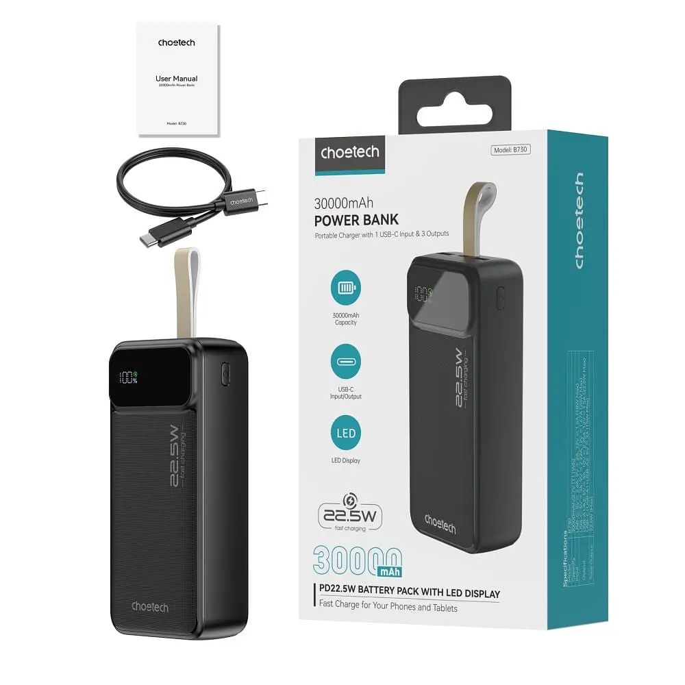 Повербанк 30000 mAh Choetech B730 Black 22.5W QC3.0 PD3.0 (43-00116) - фото 3