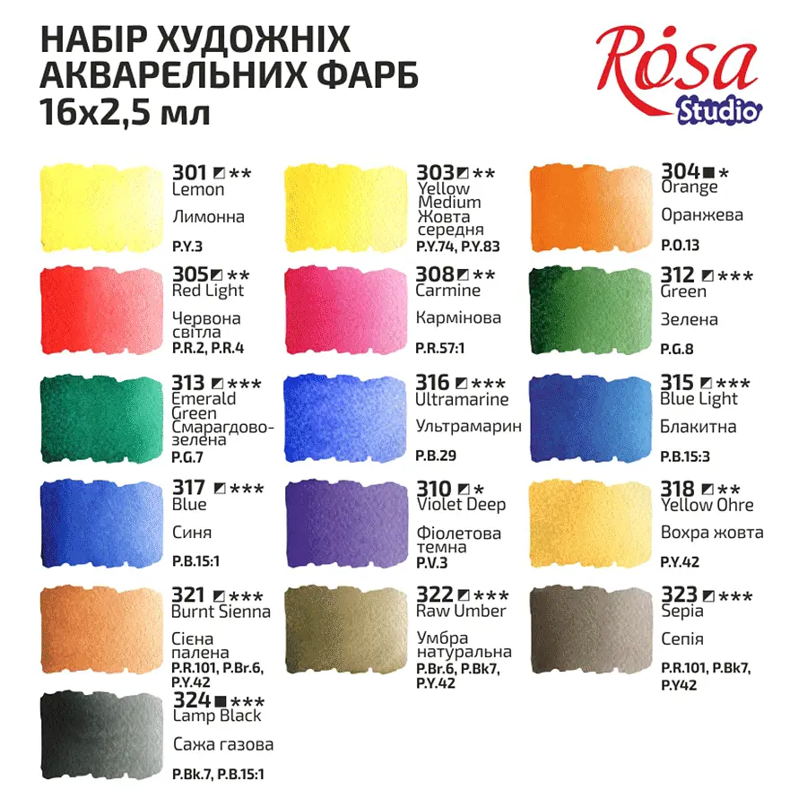Набір акварельних фарб ROSA Studio картонний пенал 16 кол. х 2,5 мл кювета 340204 (4823098518044) - фото 5