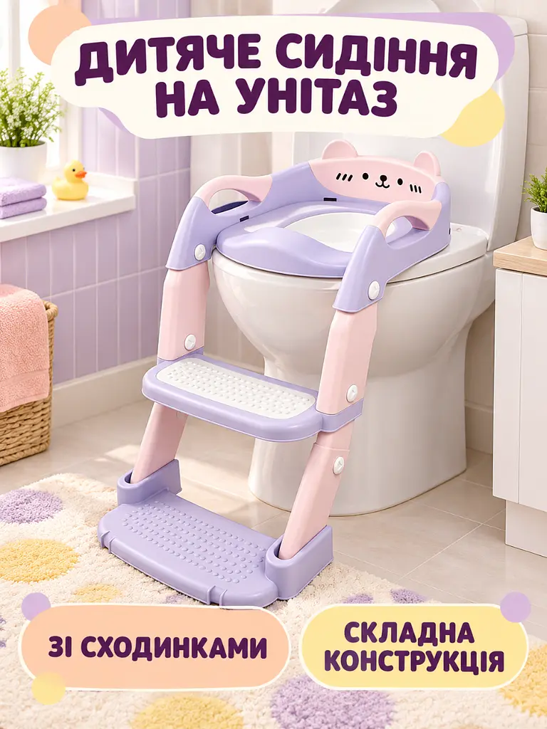 Дитяче сидіння-накладка на унітаз зі сходинкою та ручками складане Рожево-бузкове (37261568) - фото 2