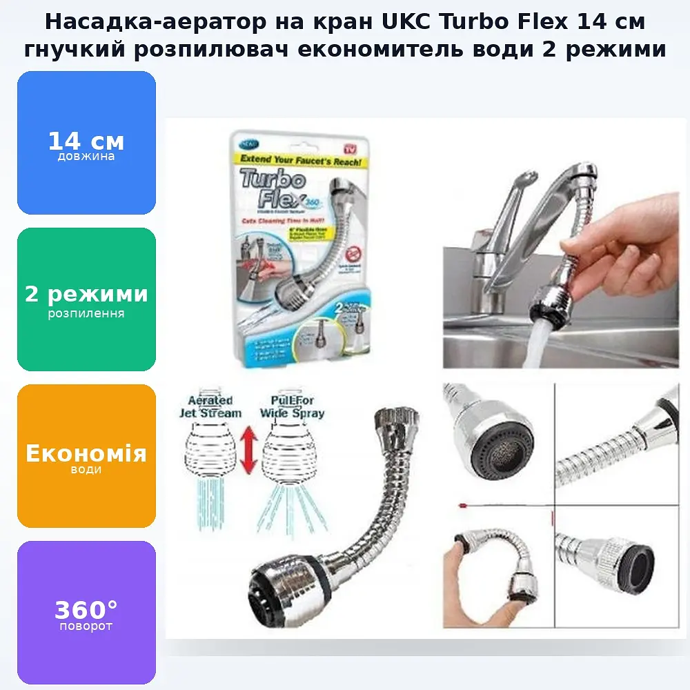 Насадка аератор гнучкий розпилювач на кран 14см економник води для змішувача UKC Turbo Flex - фото 2