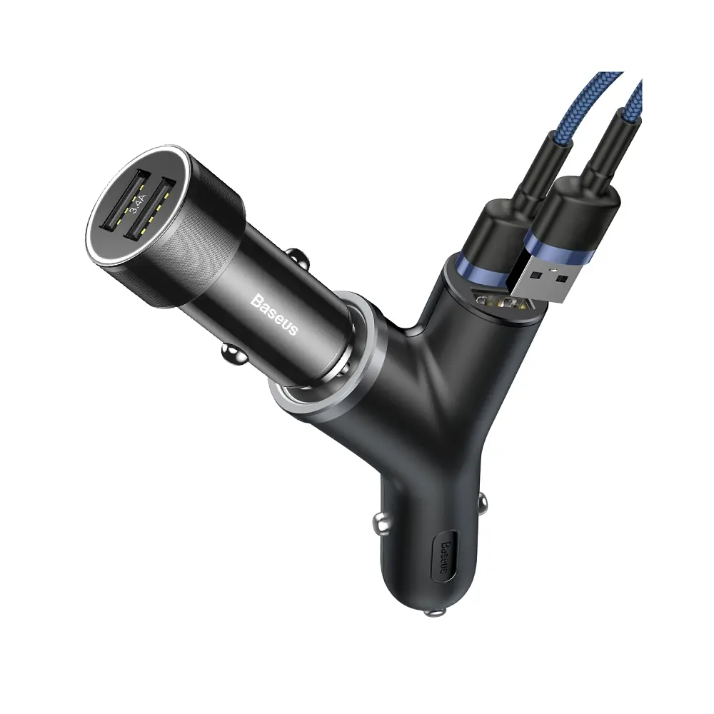 АЗП Baseus Y type dual USB + cigarette lighter extended car charger Black - фото 2