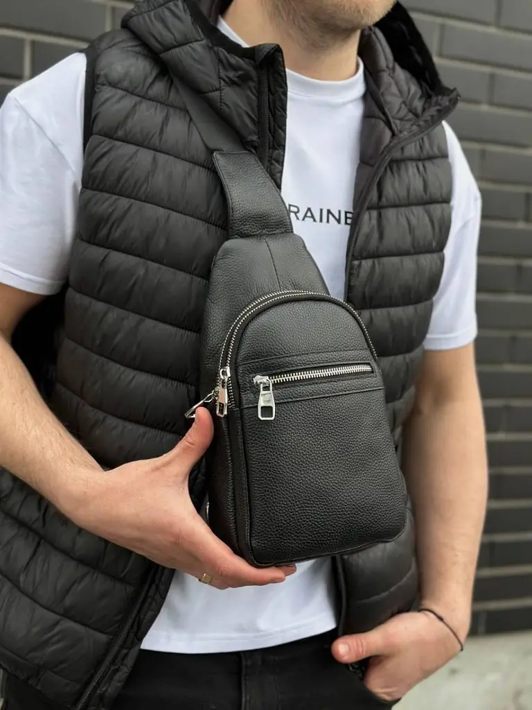 Чоловіча сумка-бананка через плече 18х32х7 з натуральної шкіри TIDING BAG 3280 чорна 18 см - фото 7