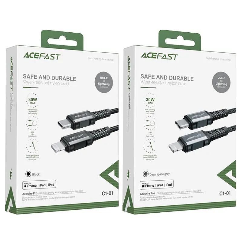 Кабель ACEFAST C1-01 Type-C to iP 3A, 1.2m, нілон, алюмінієві connectors, Чорний - фото 2