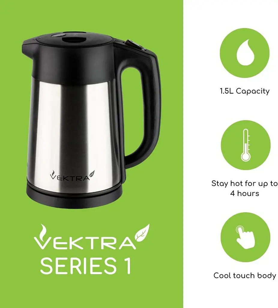 Vektra VEK-1506 Вакуумна ізоляція екологічно чистий бездротовий чайник Easy Pour, 1,5 літра, нержавіюча сталь - фото 4