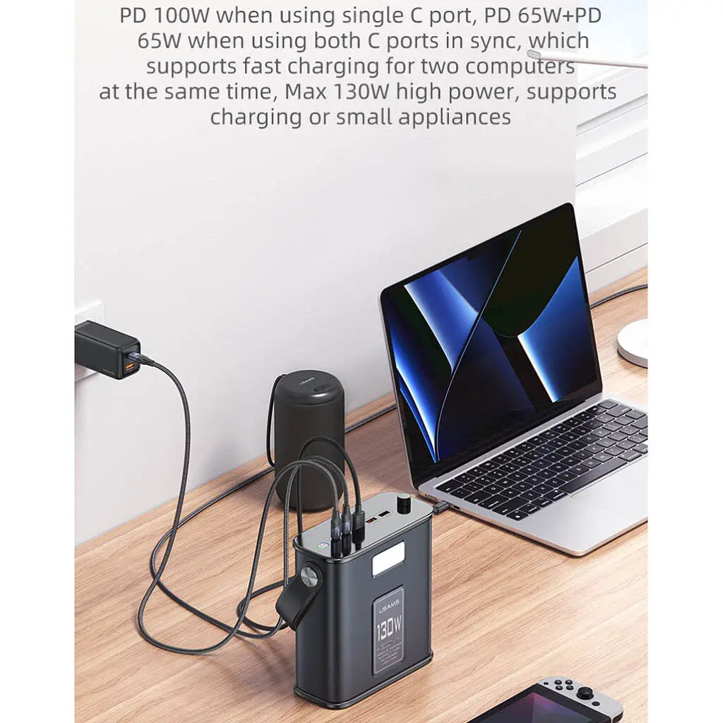 Зарядна станція USAMS Powerbank 80000mAh 130W 2C+3A QC3.0+PD Fast Charge + USB-C – USB-C 100W 2m Black (6958444905280) - фото 7