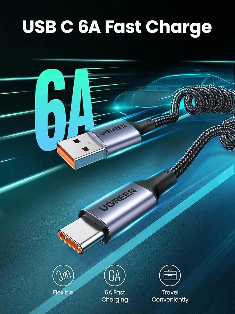 Кабель UGREEN US554 USB to Type-C PD QC 4.0/3.0 100W/6A for Huawei P60/ Mate 60 Pro and Xiaomi Supercharge 2M Space Gray - фото 2