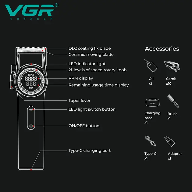 Машинка для стрижки VGR V-001 GGB 10 насадок 4600 mAh LED Салатовий (2747642957) - фото 4