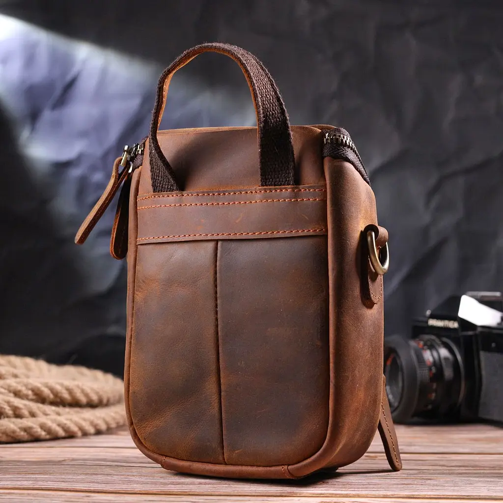 Компактна чоловіча сумка з натуральної вінтажної шкіри 21295 Vintage коричнева - фото 9