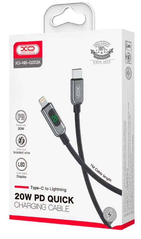 Кабель XO NB-Q203A Digital display data Lightning cable 20W Black - фото 2