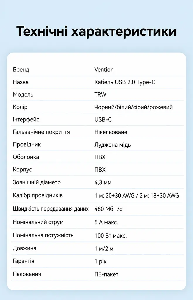Кабель Vention TRWBH USB-C - USB-C PD 100 Вт 2 м чорний (TRWBH) - фото 2