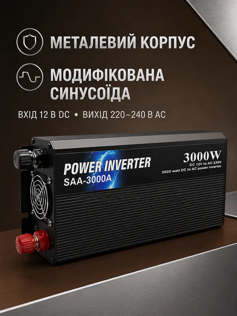 Інвертор 12V–220V 3000 Вт із 2 розетками, USB, модифікованою синусоїдою та клемами для АКБ, чорний (49676355) - фото 4