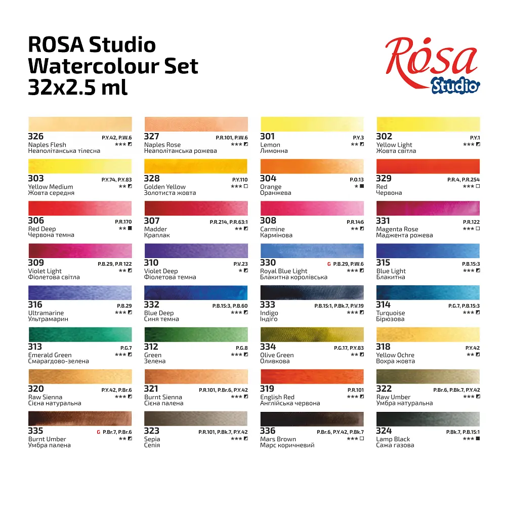 Набір акварельних фарб 32x2,5 мл, кювети, картонна упаковка ROSA Studio (4823098547549) - фото 6