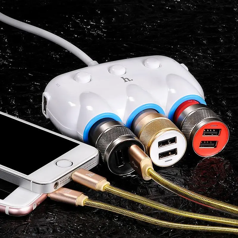 Адаптер розгалужувач трійник для авто HOCO C1 dual USB triple cigarette lighter 3 Sockets 2USB - фото 5