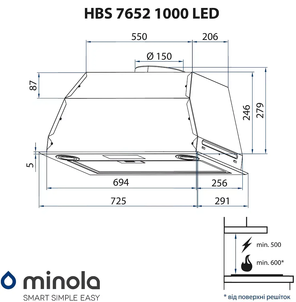 Витяжка повновбудована Minola HBS 7652 WH 1000 LED - фото 11