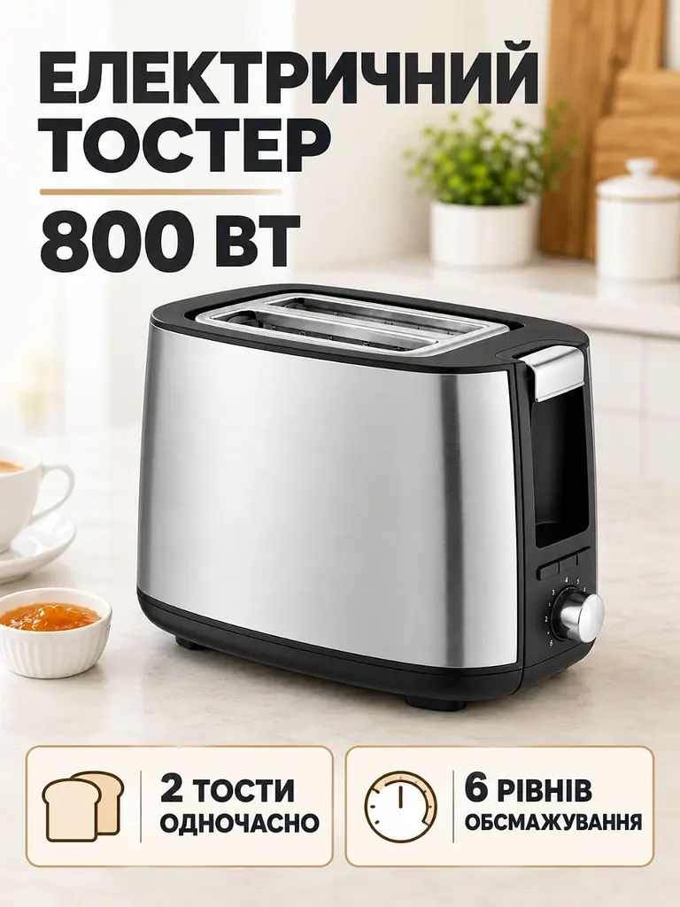 Електричний тостер на 2 відділення 800 Вт сріблястий (37261552) - фото 2