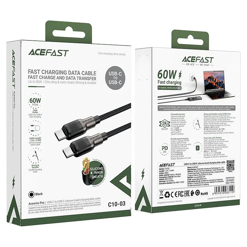 Кабель Acefast C10-03 Type-C to Type-C 3A 60W 1.2 м silicone zinc connectors черный - фото 2
