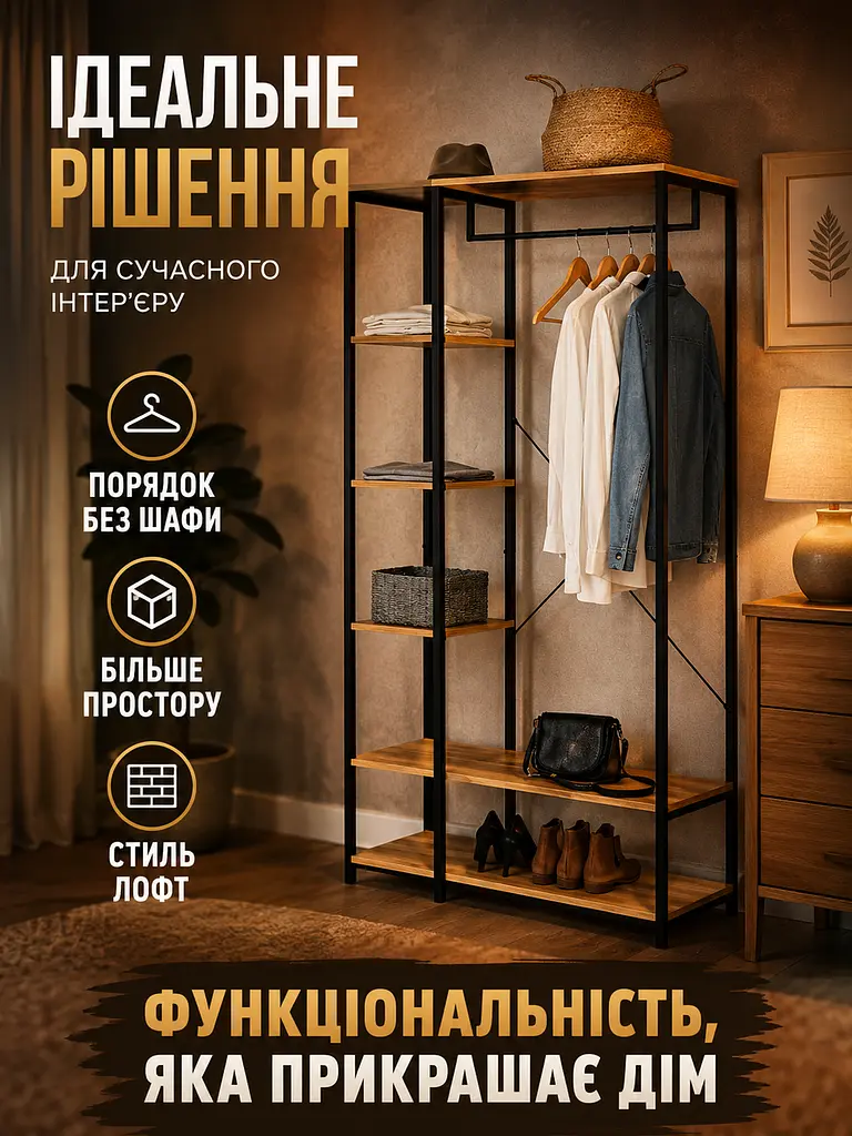 Підлогова вішалка-стелаж для одягу та взуття лофт 90×40×167 см (49676006) - фото 8