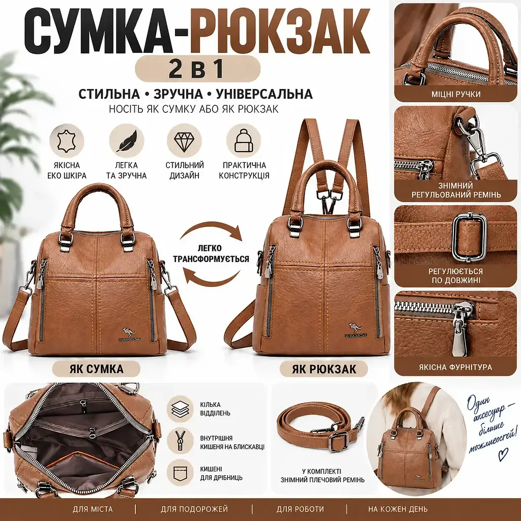 Рюкзак сумка жіночий міський трансформер Коричневий (2043Т) - фото 3