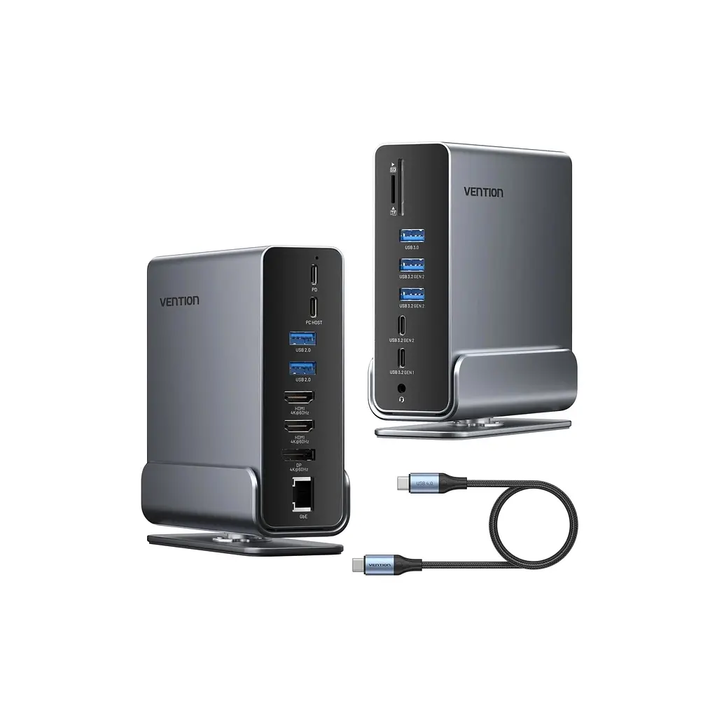 Концентратор Vention USB-C 15-in-1 2xHDMI + DisplayPort + RJ45 + SD/TF + 3.5mm gray (TPUH0) - фото 4