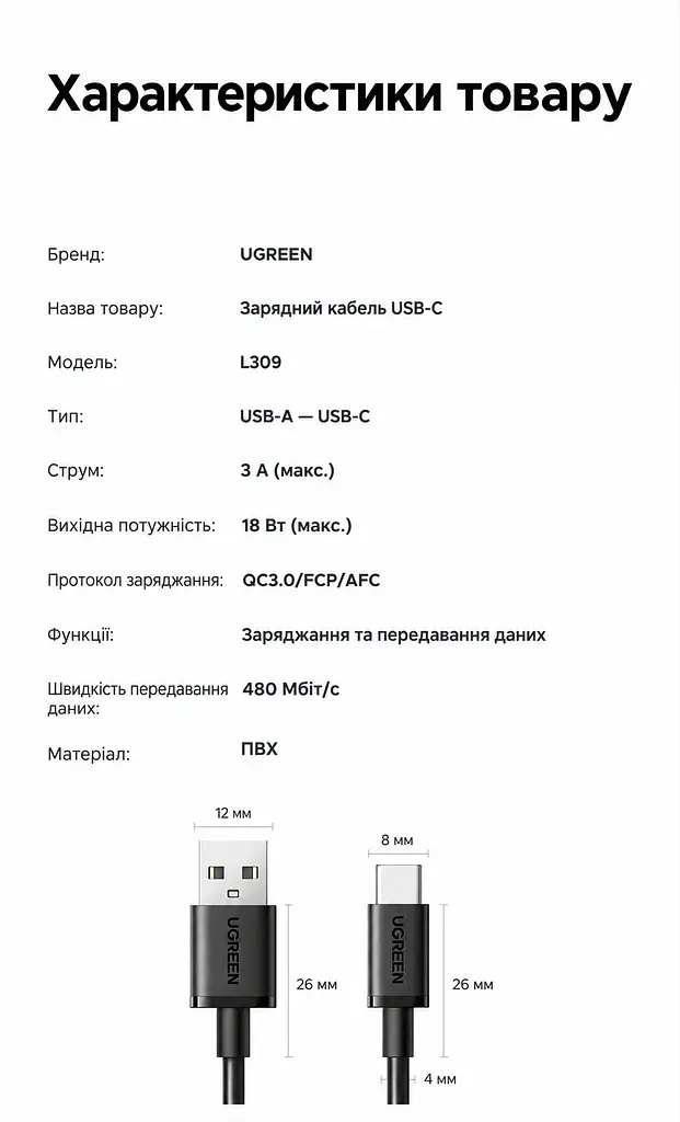 Кабель UGREEN L309 USB-A - USB-C QC 3.0 18 Вт 0,5 м чорний (95796) - фото 2