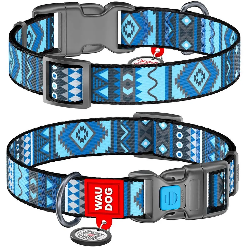 Ошейник для собак Waudog Nylon Этно синий, с QR паспортом, пластиковый фастекс, XL, 35-58х2,5 см - фото 3