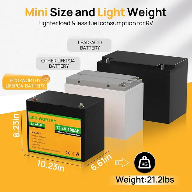 Акумулятор Eco Worthy LiFePO4 12V 100Ah (1280Wh) із вбудованим BMS, 3000+ циклів - фото 4