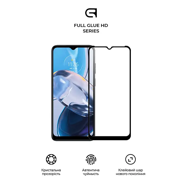 Захисне скло для Motorola E22, Full Glue HD, 2.5D, повністю прозоре, на весь екран, глянцеве, загартоване 9H, повне проклеювання по всій поверхні, з чорною рамкою, протиударне, кришталево чітке зображення, ArmorStandart (ARM67051) - фото 2