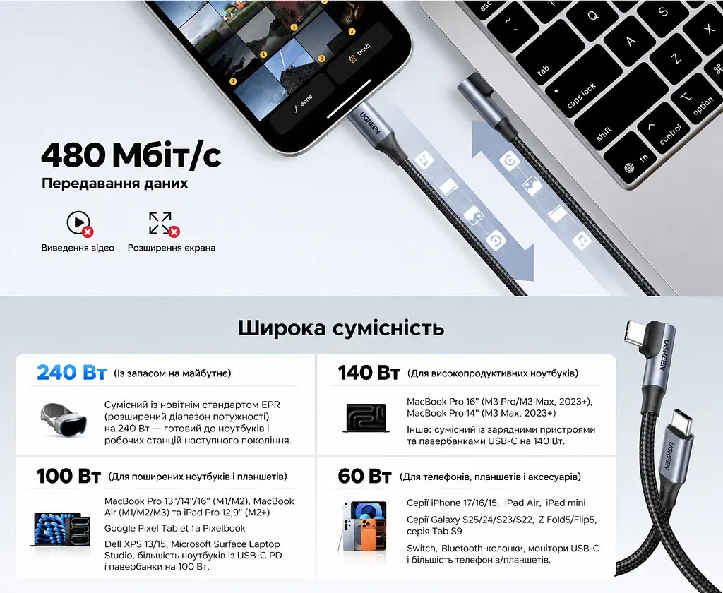 Кабель UGREEN L536 USB-C - USB-C кутовий 90° PD 3.1 240 Вт 1 м чорний (85225) - фото 3