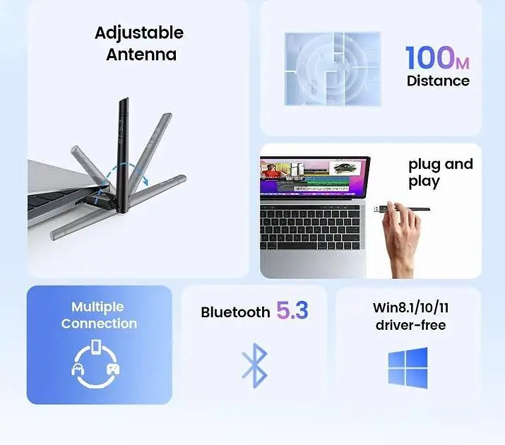 USB Bluetooth-адаптер Ugreen Bluetooth 5.3 передатчик для компьютера ноутбука Black (15610) - фото 2