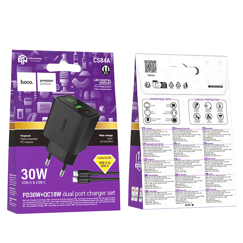 МЗП Hoco CS84A Excellent PD30W+QC3.0 charger with digital display set(Cto C)(EU) Black - фото 2