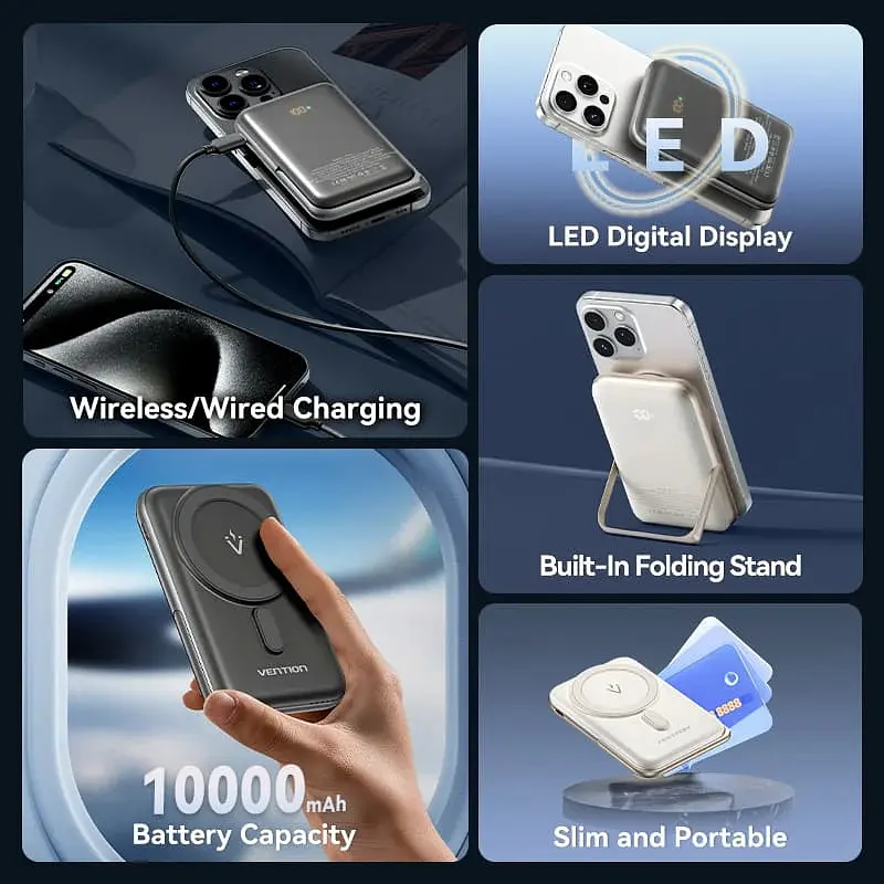 Універсальна мобільна батарея Vention Magnetic Wireless 10000mAh 20W PD USB-C In/Out, QI-15W Білий - фото 4