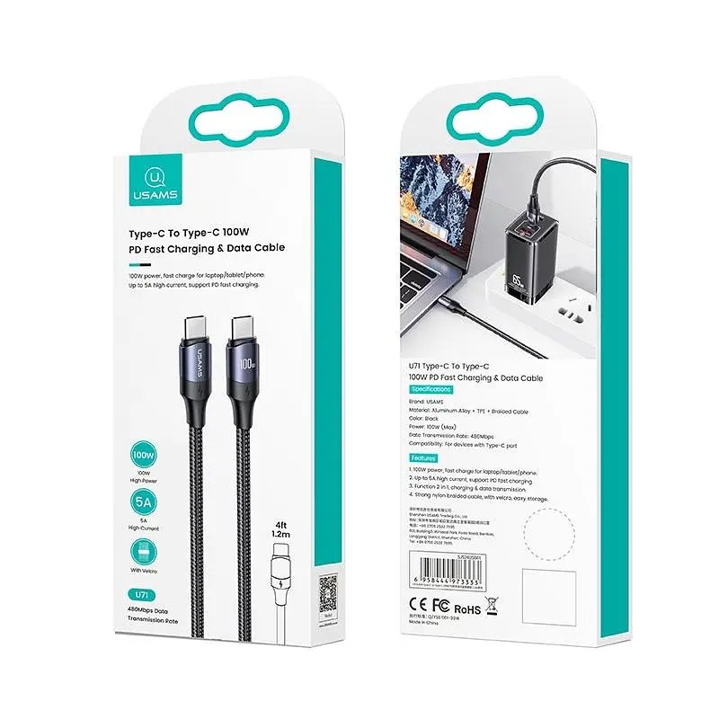 Кабель Usams U71 USB-C to USB-C 100W 2.4A 1.2m Black (US-SJ524) [71417] - фото 5