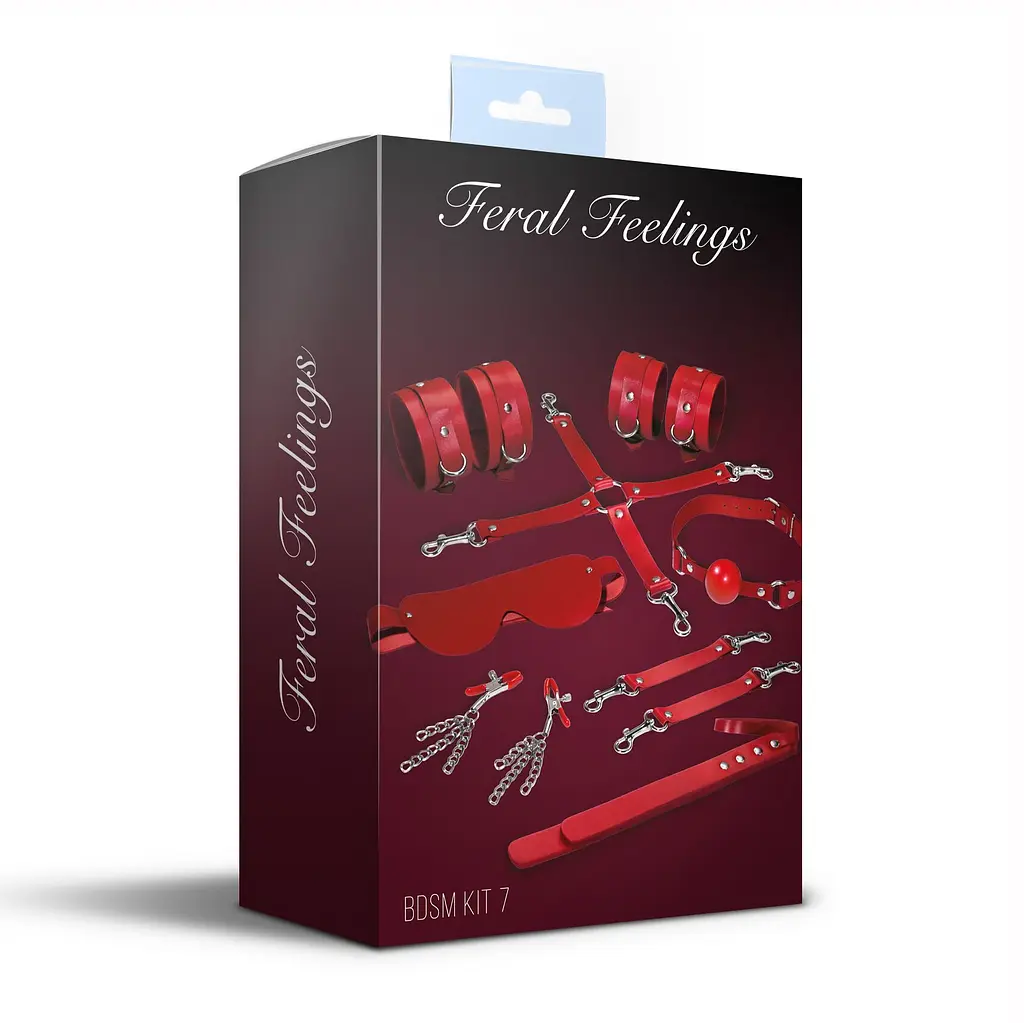 Набір Feral Feelings BDSM Kit 7 Red, наручники, поножі, конектор, маска, падл, кляп, затискачі - фото 2