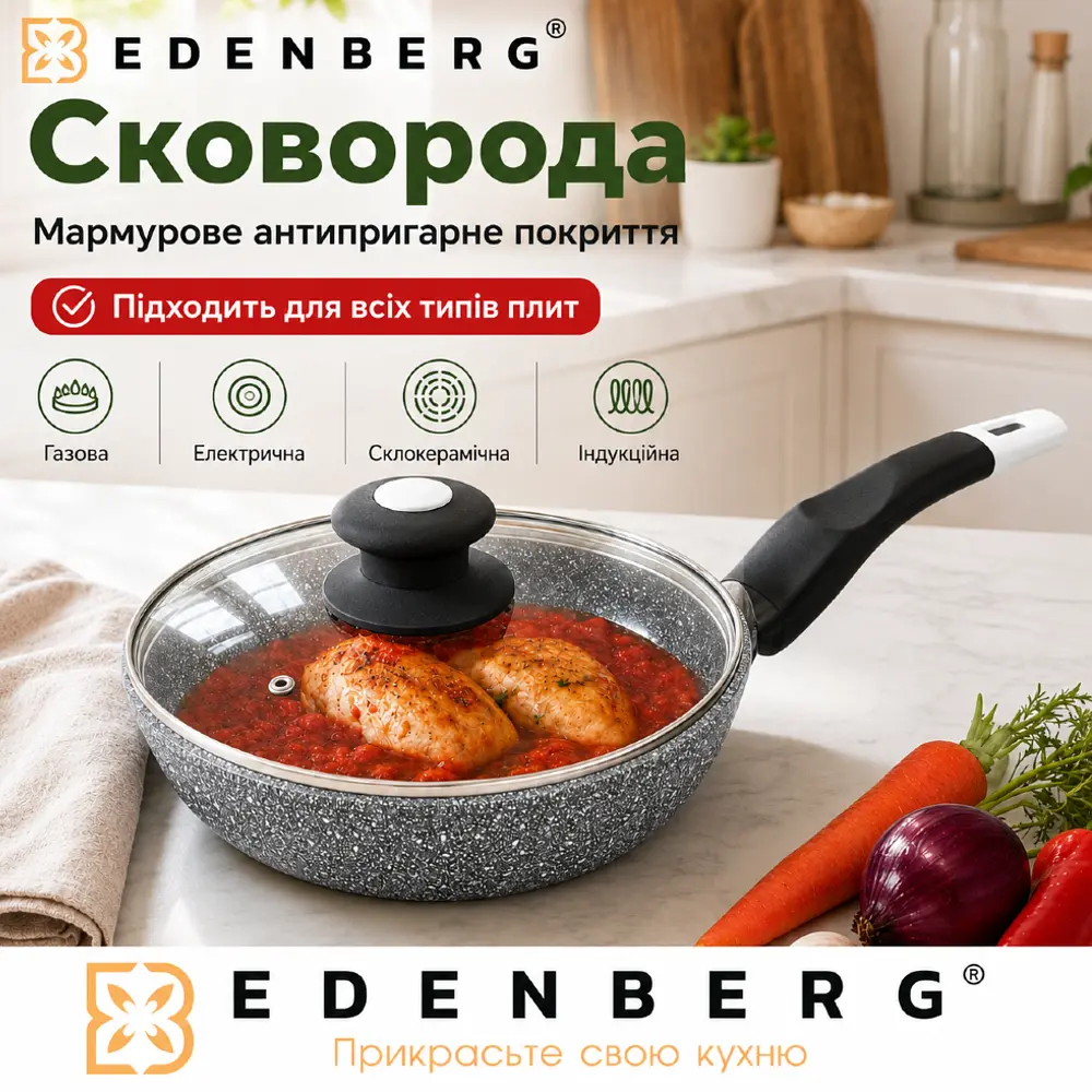 Сковорідка з кришкою Edenberg, сковорода з гранітно-мармуровим покриттям 24 см, для індукційної плити, пательня, антипригарна сковорода - фото 2