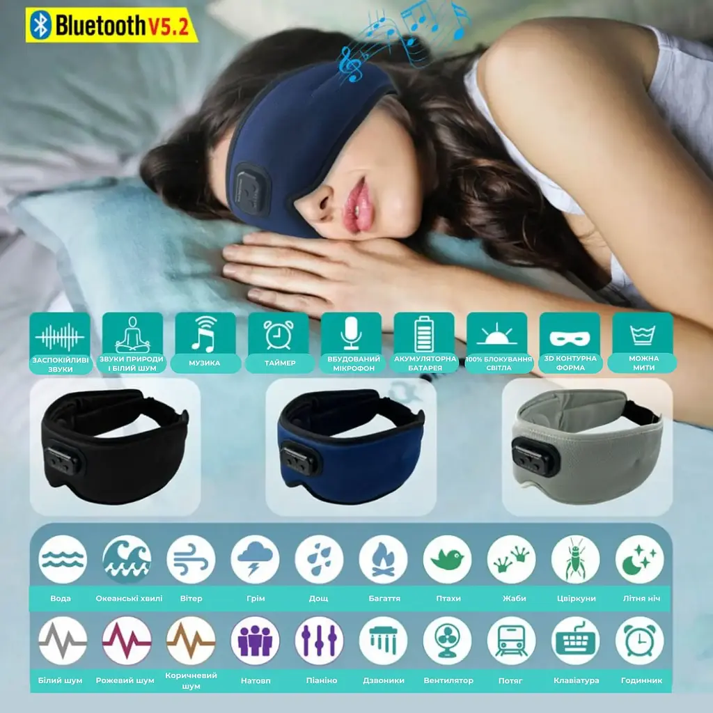 Маска Supretto для сна и отдыха с Bluetooth гарнитурой синяя (90530001) - фото 10