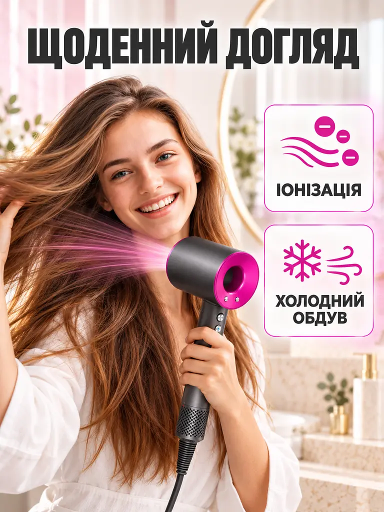 Професійний фен для волосся 1600 Вт із 5 магнітними насадками для укладання Фуксія із сірим (37261519) - фото 9