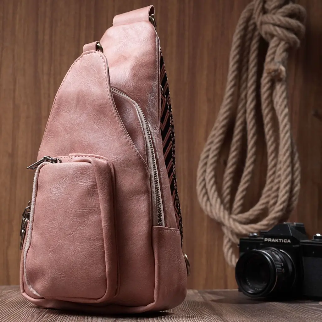 Жіноча сумка з акцентом на текстильну лямку з гладкої екошкіри Vintage 22772 рожева - фото 9