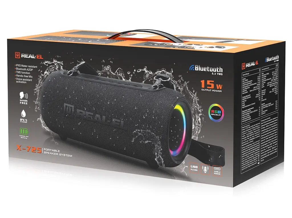 Портативная колонка REAL-EL RX725 15W Bluetooth TWS, RGB, Black - фото 15