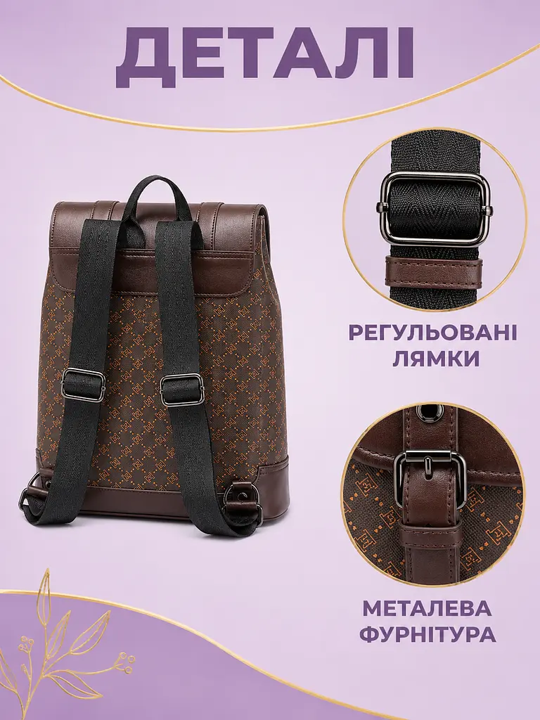 Жіночий рюкзак з екошкіри 29×43×13 см для ноутбука та формату А4, з кишенею-антизлодій, коричневий (49676371) - фото 7