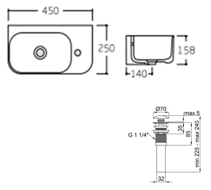Комплект Qtap Tern: Раковина подвесная прямоугольная правая 450х250х158 мм White + Донный клапан PU02O (QT17115117RWN47328) - фото 6