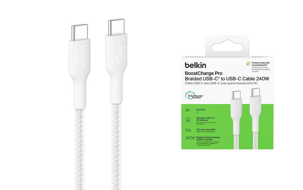 Кабель Belkin USB-C > USB-C заряджання/синхронізації 1м, 240Вт, Type-C, плетений, білий teh0013627 - фото 3