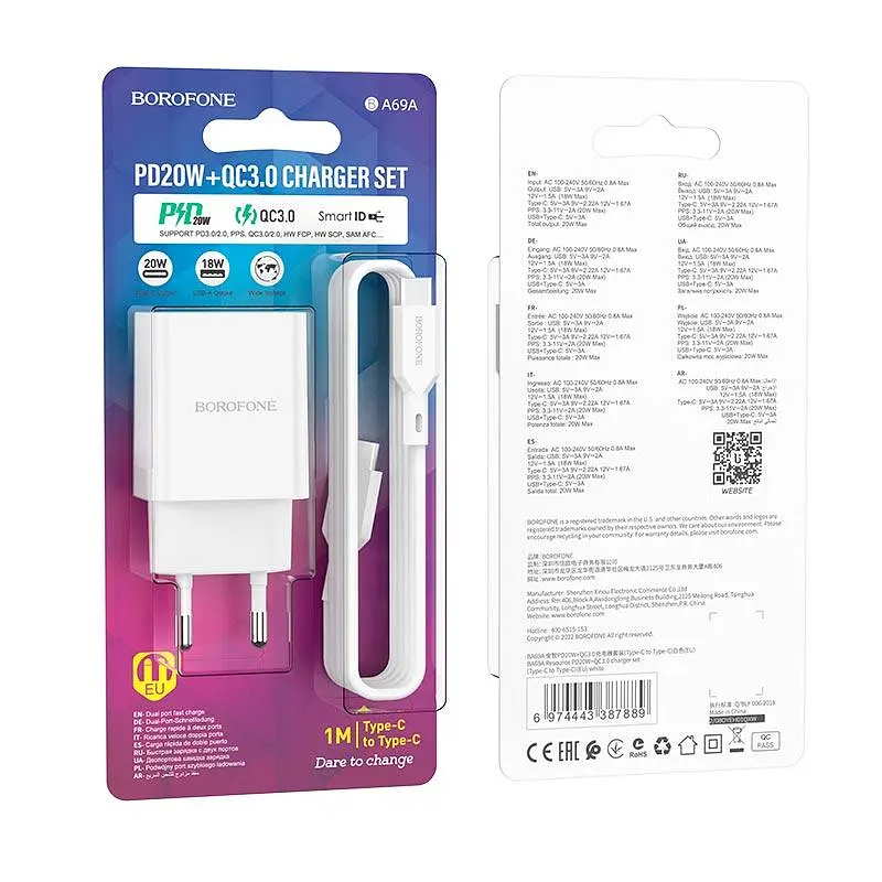 Адаптер мережевий Borofone Resource charger BA69A + кабель Type-C to Type-C 20W набір білий - фото 3