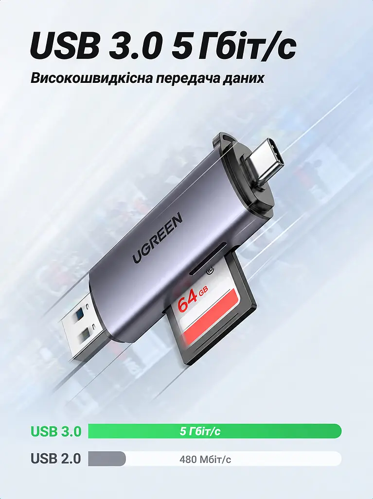 Кардридер UGREEN CM185 зі штекерами USB-A та USB-C для одночасного читання SD і microSD інтерфейс USB 3.0 до 5 Гбіт/с передавання даних із карт приблизно 100 МБ/с для смартфонів і планшетів із USB-C та підтримкою OTG без драйверів для Windows macOS і Linux сумісний також із ChromeOS та iPad із USB-C із пружинним виштовхуванням microSD з ремінцем для носіння темно-сірий (50706) - фото 4