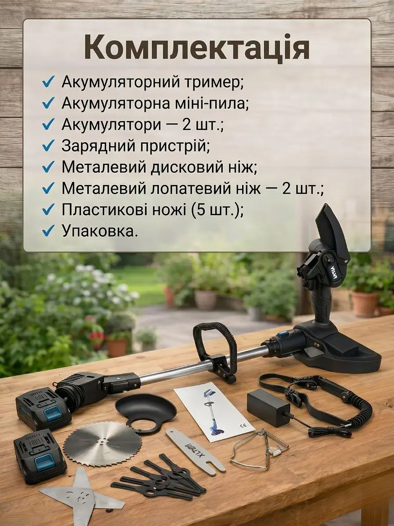 Набір садової техніки 2 в 1: акумуляторний тример і міні-пила, 2 акумулятори (49675832) - фото 6