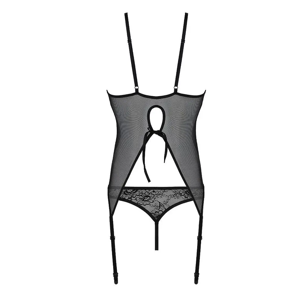 Корсет з пажами трусики з ажурним декором та відкритим кроком Passion Ursula CorSet black L/XL - фото 5